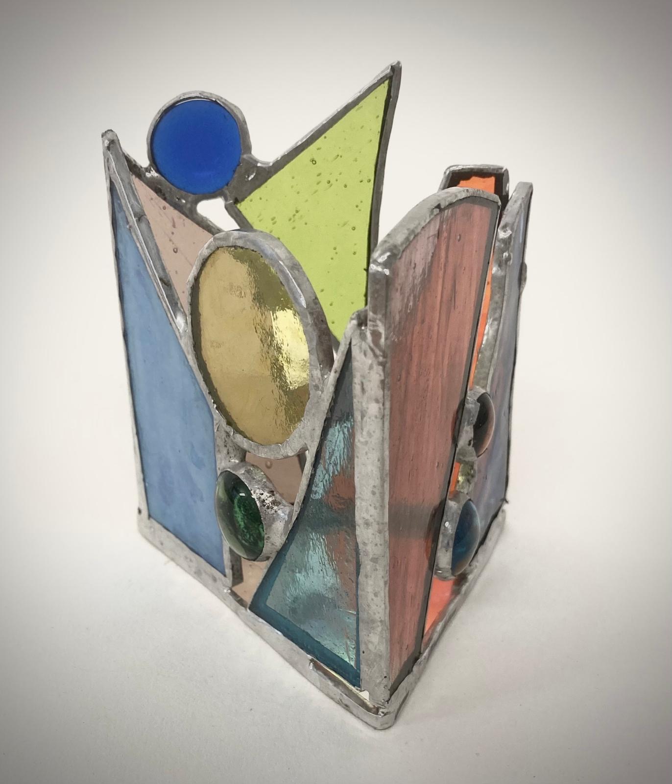 Stained glass candle holder, geometric multicoloured circles