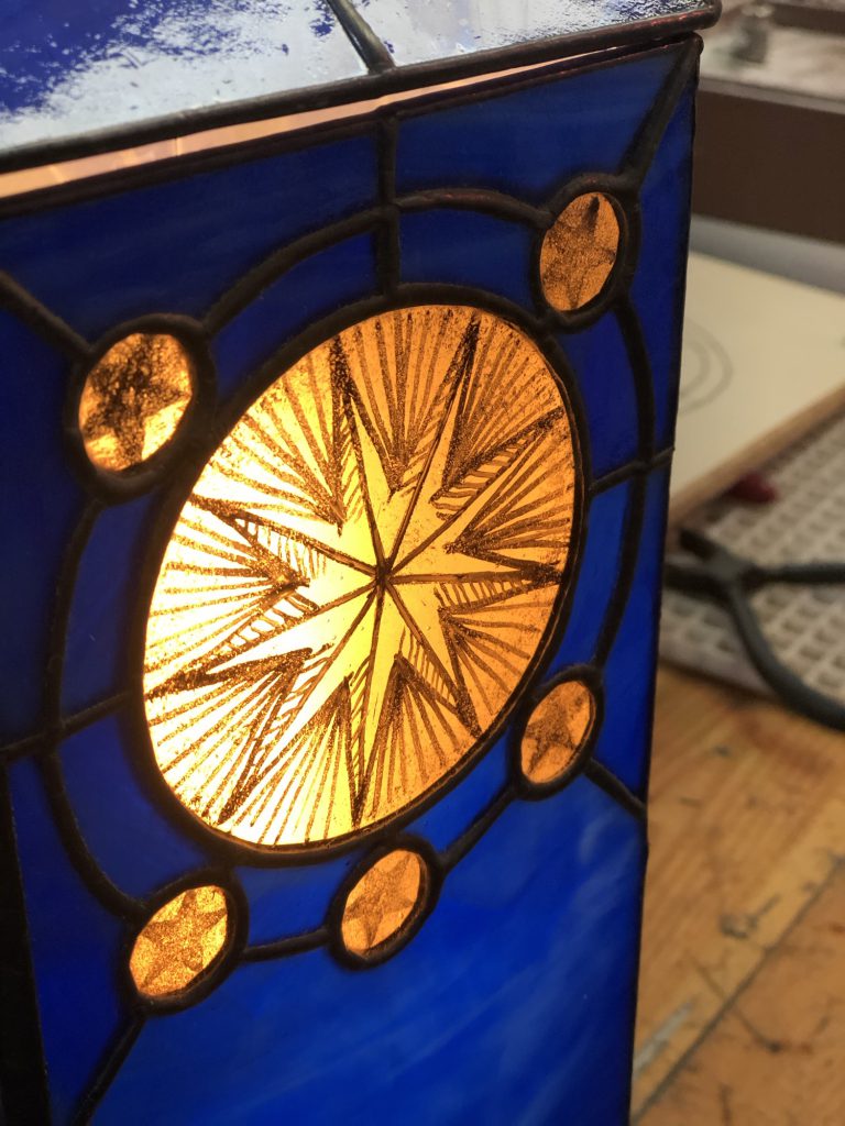 Student stained glass lamp celestial star detail