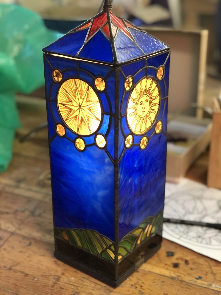 Student stained glass lamp celestial sun star blue
