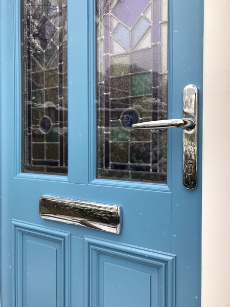 Commission blue front door leaded panels