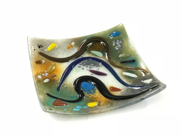 Student fused glass abstract swirl dish