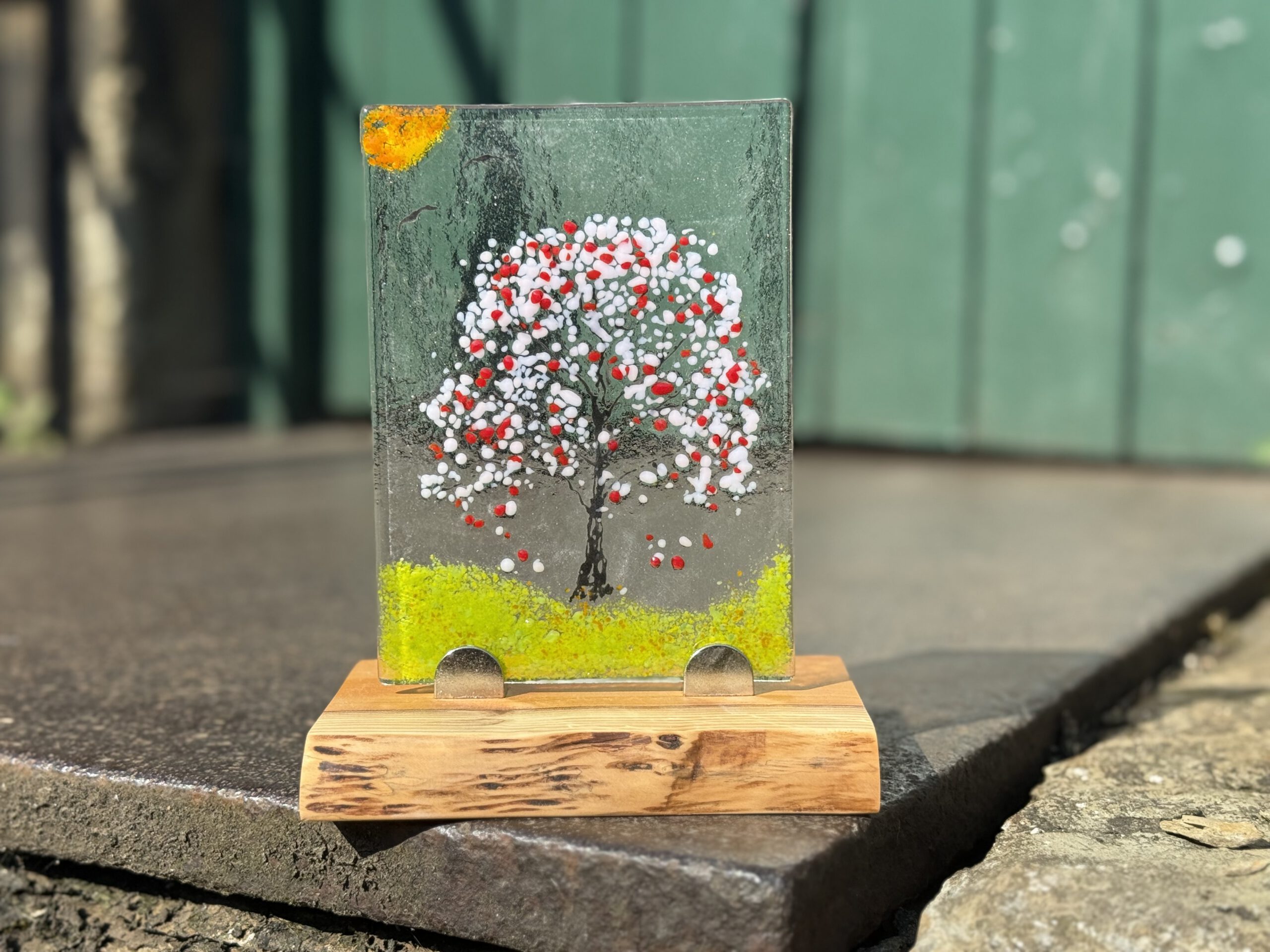 Fused glass panel — blossom tree in red and white flower