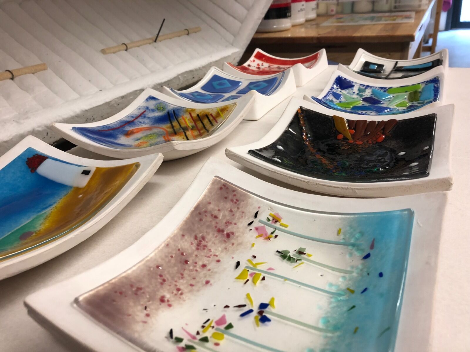 Fused glass dishes fresh from the kiln
