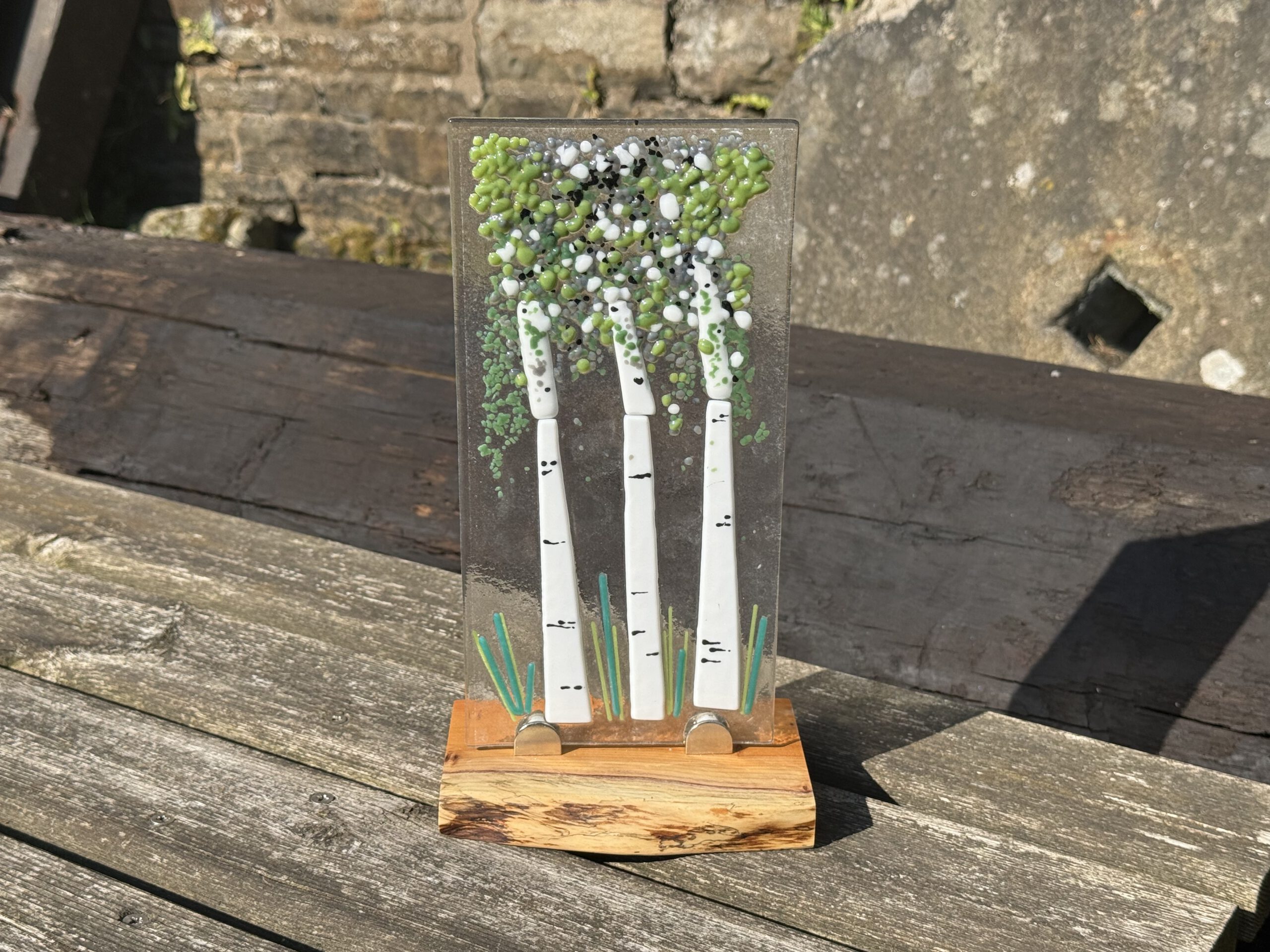 Fused glass panel — three silver birch trees on a wooden stand
