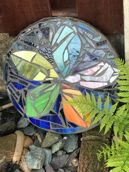 Student mosaic stepping stone pastel leaves