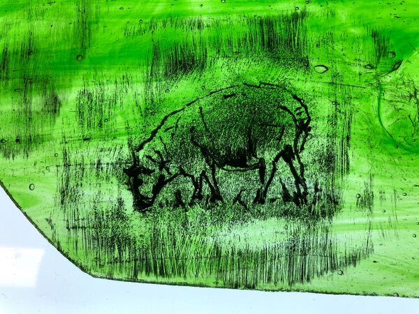 Student painted glass grazing sheep