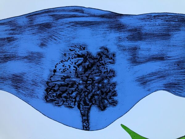 Student painted glass tree on hill